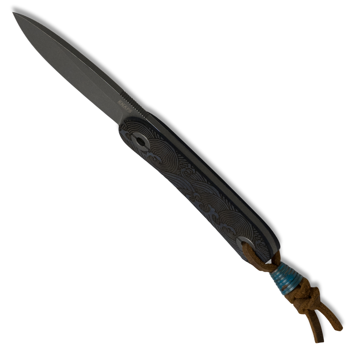 A fixed-blade knife with a dark gray steel blade and a textured black handle featuring a carved wave pattern. The handle is wrapped with a brown cord and a blue accent wrap near the bolster, shown on a solid white background.