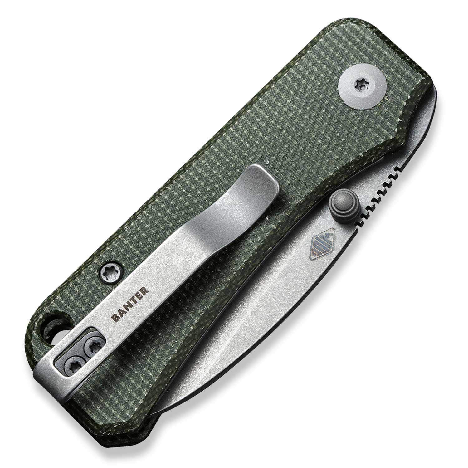 Baby Banter Pocket Knife - Green Micarta - Gray Stonewash Nitro V - Back Close