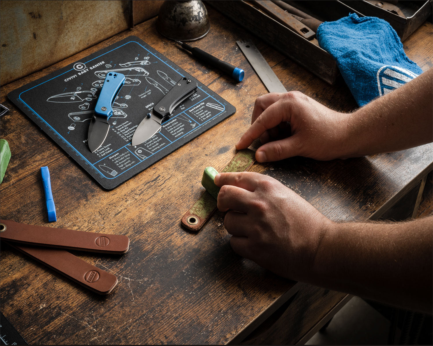 Leather Honing Strop for Pocket Knives - compound in use