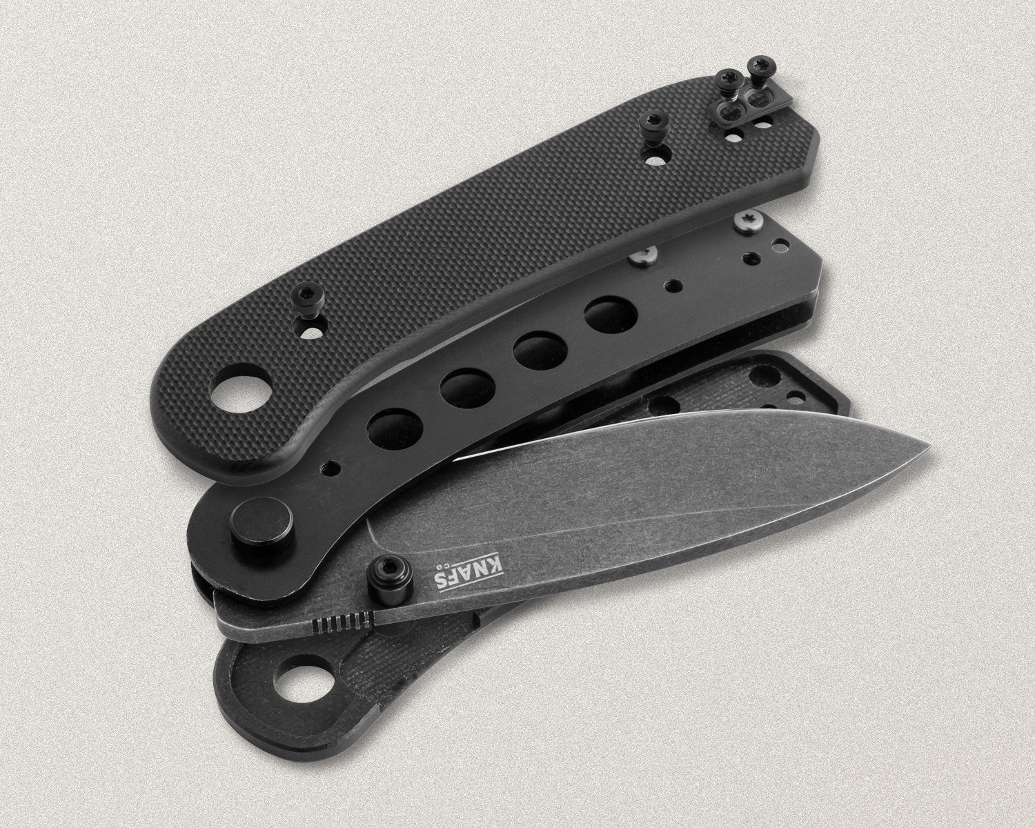 Lander 1 Pocket Knife - Black G10 - D2 - Front Close showing scale parts