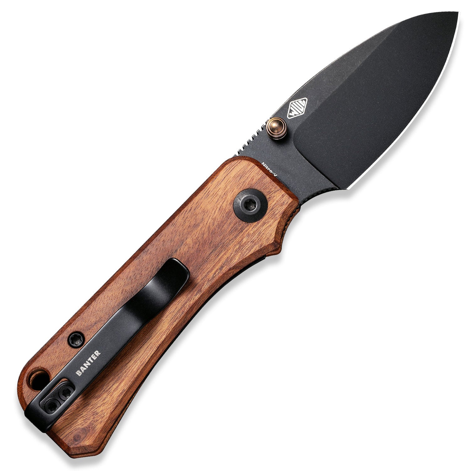 Baby Banter Pocket Knife - Guibourtia Wood - Black Stonewash Nitro V - Back Open