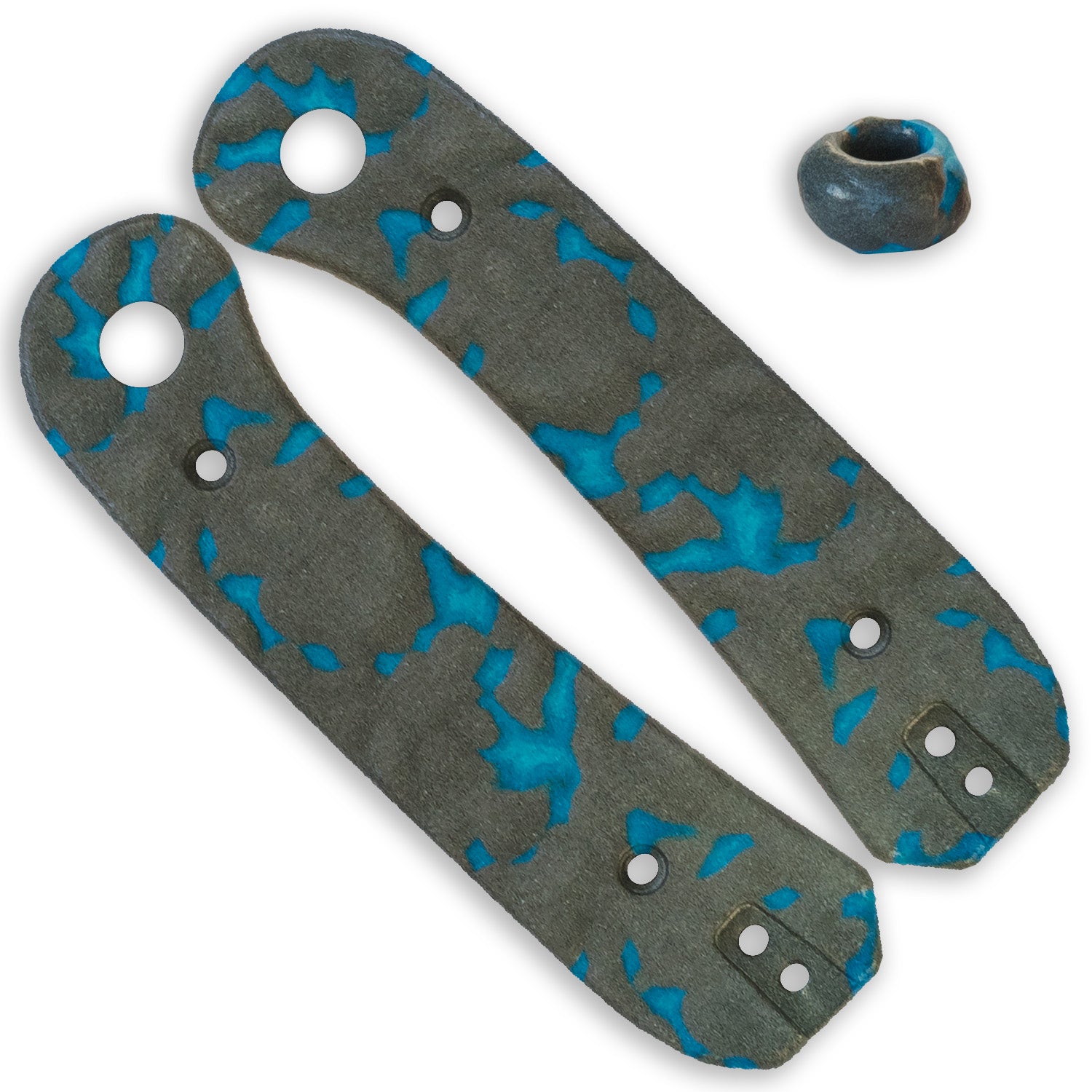 Lander 1 Knife Scales - Lava - Icy Blue - Front and back scale with side view of the lanyard bead