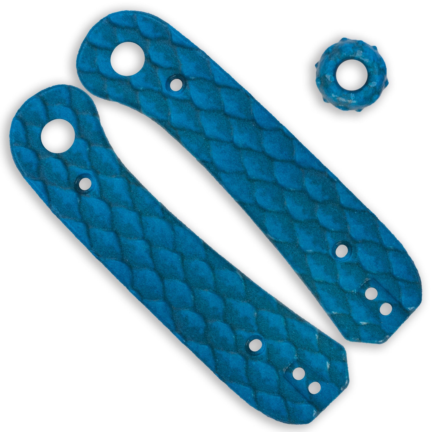 Lander 1 Knife Scales - Blue Dragon - Front and Back scale with the lanyard bead top view