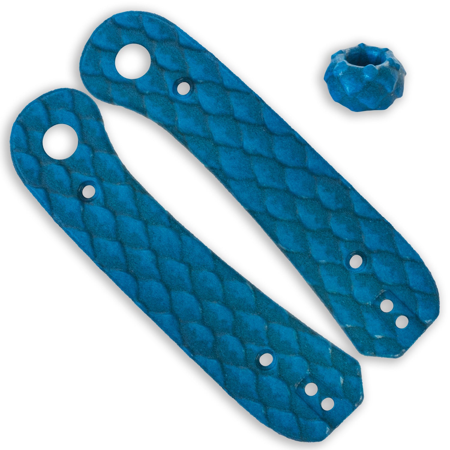 Lander 1 Knife Scales - Blue Dragon - Front and Back Scale with Lanyard bead side view