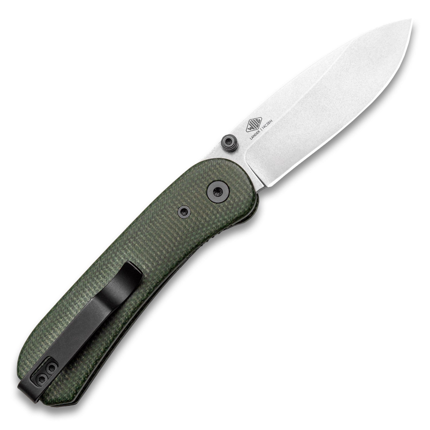 Lander 1 Pocket Knife - Contoured Green Micarta - 14C28N - Back Open View